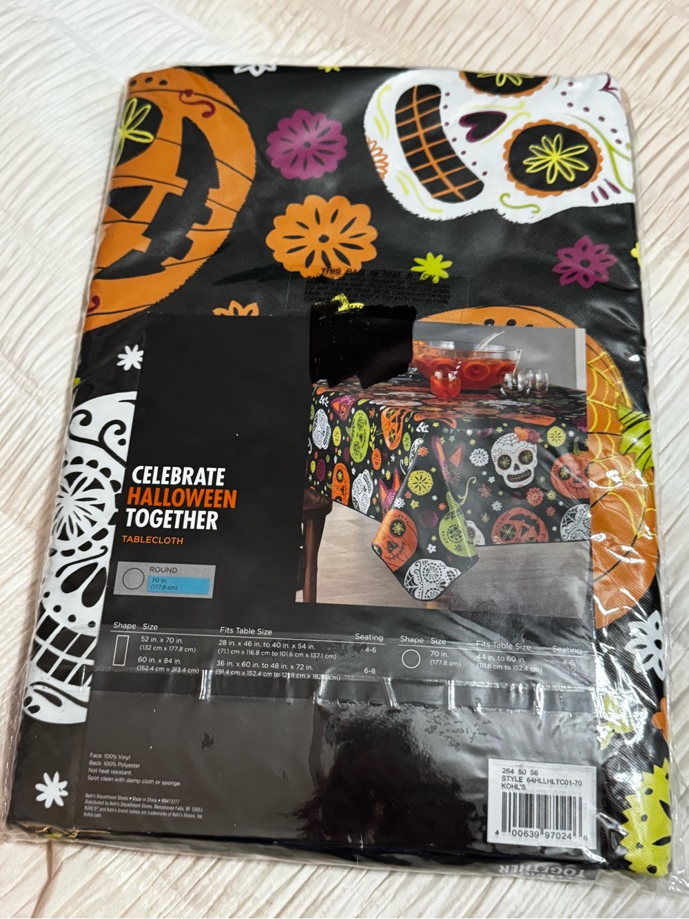Celebrate Halloween Together Black Sugar Skull & Pumpkin Round Tablecloth